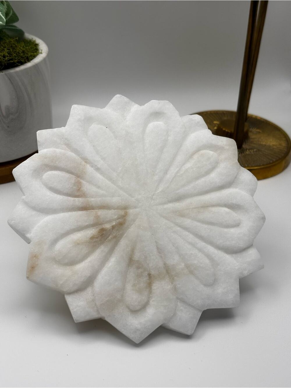 Lotus Flower Soap Dish, White Carved Marble Trivet Tray, Candle / Incense Holder